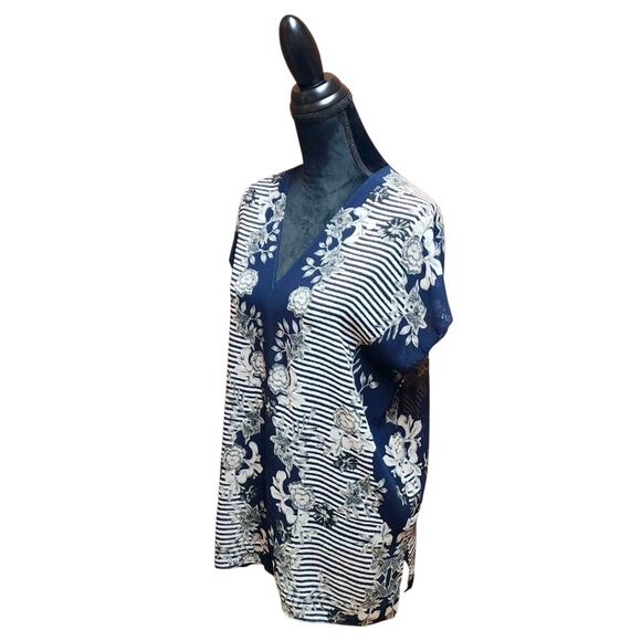 Cabi YACHT TOP 5024 Navy Blue White Sheer Tunic Flowy Short Sleeve Floral Stripe - Picture 5 of 8